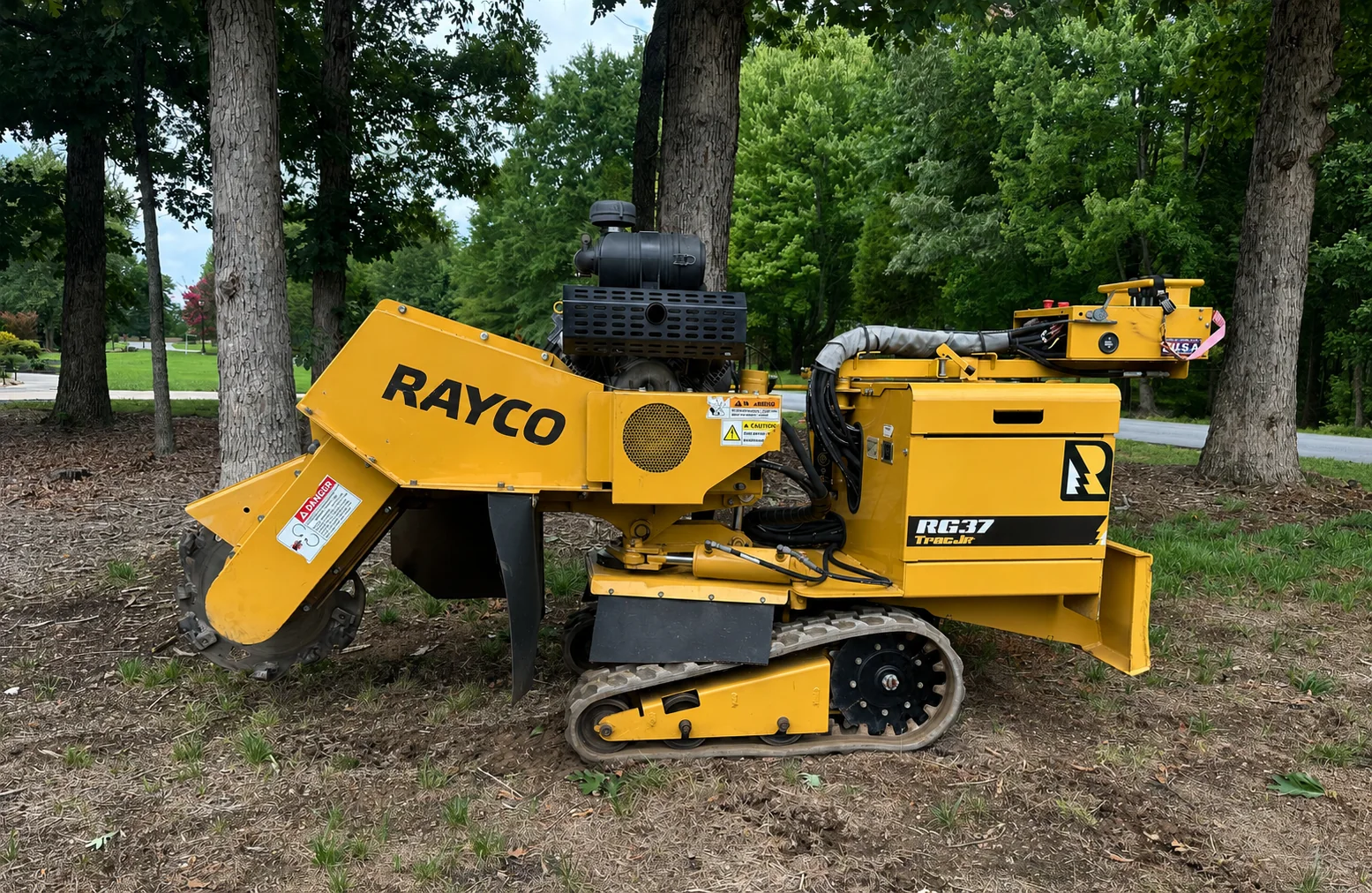 Rayco RG37 Trac Jr commercial stump grinder used by Iron Oak Landworks